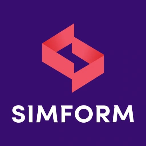 Simform company logo with geometric pink icon on purple background